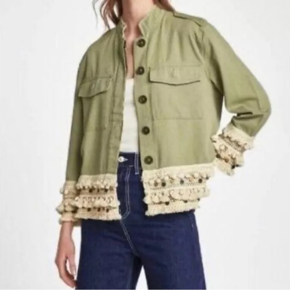 Zara Army Green Tassel Pom Fringe Embroidered Boho Jacket Size Medium
